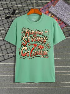 "Kaos berwarna hijau mint dengan desain tipografi meriah bertuliskan 'Harmony in Seventh Celebration', dibuat untuk memperingati ulang tahun ke-7 Payungi dengan semangat Help, Save & Care."
